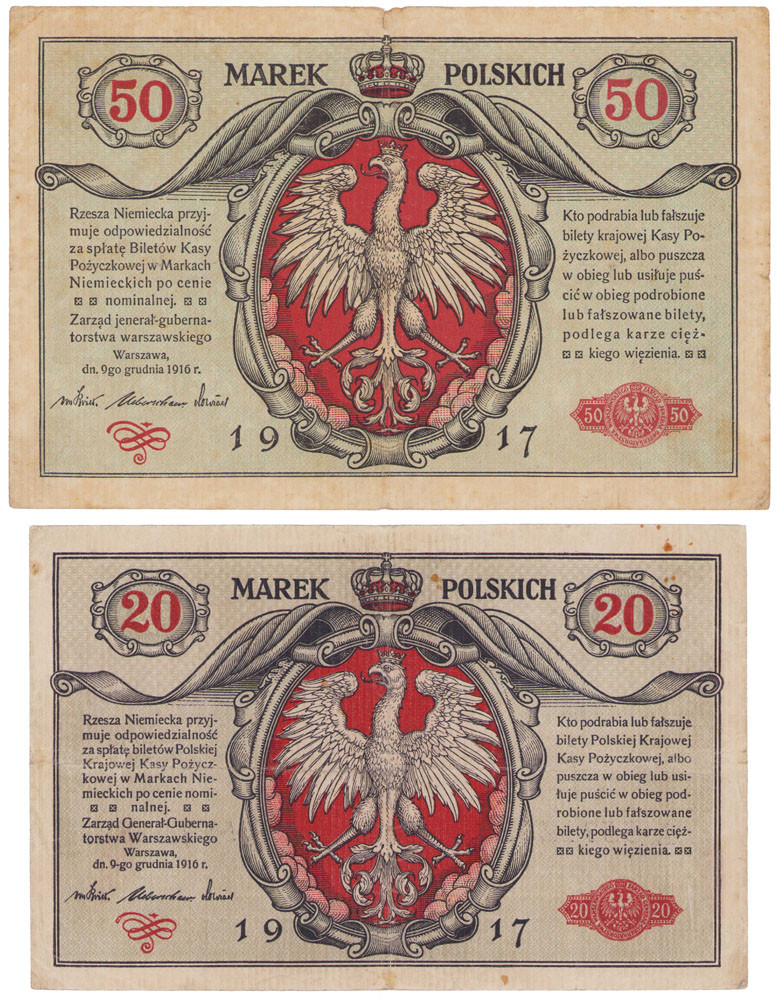 50 marek polskich seria A - jenerał i  20 marek polskich 1916 seria A, GENERAŁ
